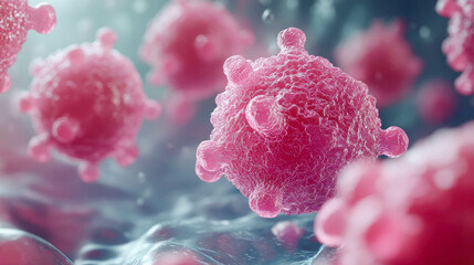 Obraz premium A highly detailed microscopic view of streptococcus cells in vibrant pink hues, emphasizing microbiology and science visuals