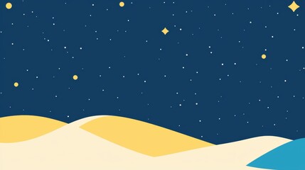 Minimalist vector illustration of a desert landscape at night, featuring rolling sand dunes under a dark blue sky filled with shining stars and planets, creating a serene and magical atmosphere