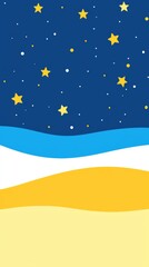 Naklejka premium Abstract landscape painting featuring a dark blue night sky filled with yellow stars and white spots above rolling yellow hills separated by blue and white stripes