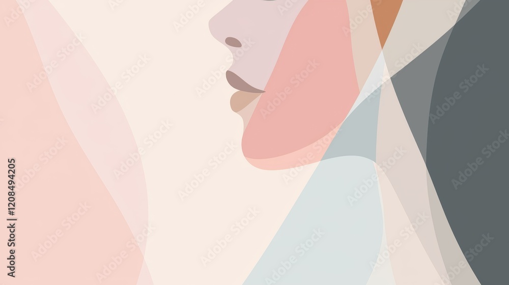 Poster minimalist illustration representing a woman's profile composed of overlapping pastel-colored shapes