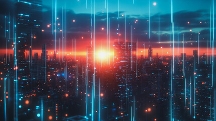 Obraz premium Smart digital Innovation city with connection network reciprocity over the cityscape. of future smart wireless digital city and social media networking systems that connects people with in city