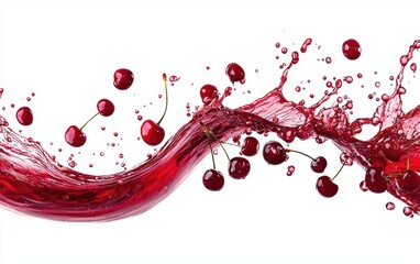 A sparkling red wave of cherry juice with visible cherry pulp and flying cherries, bursting into dynamic splashes on a clean white surface