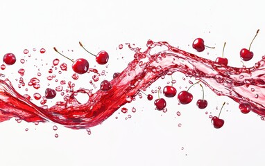 A sparkling red wave of cherry juice with visible cherry pulp and flying cherries, bursting into dynamic splashes on a clean white surface