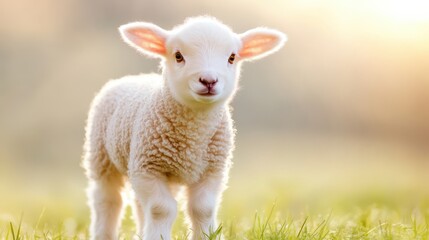 Obraz premium Charming baby lamb stands in lush grass under the warm afternoon sun
