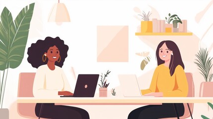 Collaborative Workspace: Two diverse female professionals, each focused on their laptop, engage in a productive and relaxed workspace, highlighting the importance of teamwork and collaboration.  