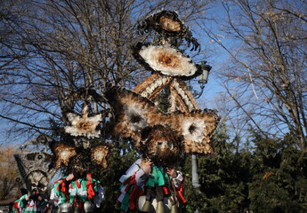 The Surva masquerade games festival in Sofia, Bulgaria. People called Kukeri parade in masks and ritual costumes, perform ritual dances to drive away evil spirits in Sofia, Bulgaria