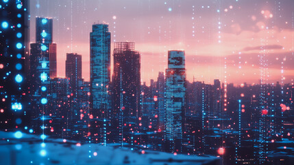 Fototapeta premium Smart digital Innovation city with connection network reciprocity over the cityscape. of future smart wireless digital city and social media networking systems that connects people with in city