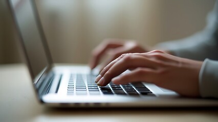 Close up, woman hand typing on laptop computer keyboard. Business woman online working on laptop computer, surfing the internet, searching the information at home office, e-learning