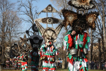 The Surva masquerade games festival in Sofia, Bulgaria. People called Kukeri parade in masks and ritual costumes, perform ritual dances to drive away evil spirits in Sofia, Bulgaria