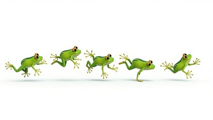Naklejka premium Five Green Frogs Leap Across White Background