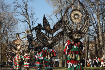 The Surva masquerade games festival in Sofia, Bulgaria. People called Kukeri parade in masks and ritual costumes, perform ritual dances to drive away evil spirits in Sofia, Bulgaria