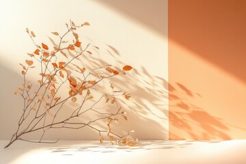 Dried branch with autumn leaves casts shadows on a beige and orange background.