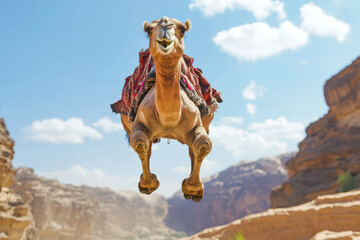 Naklejka premium Dynamic Jumping Camel in a Sunny Desert Landscape