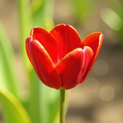 Red tulip with yellow-green border details on petal surface, red tulip, closeup
