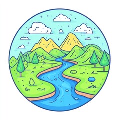 Naklejka premium Serene River Winding Through Verdant Mountains And Lush Fields