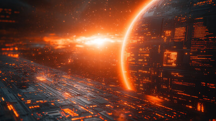 Digital diagram of a futuristic planet hologram symbolizing global fintech innovation minimalistic bright tone modern style blurred background with empty blank caption space dynamic concept

