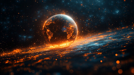 Digital diagram of a futuristic planet hologram symbolizing global fintech innovation minimalistic bright tone modern style blurred background with empty blank caption space dynamic concept

