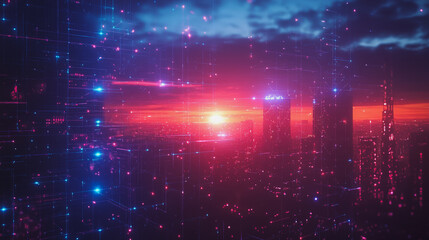 Obraz premium Smart digital Innovation city with connection network reciprocity over the cityscape. of future smart wireless digital city and social media networking systems that connects people with in city