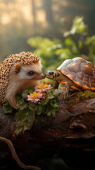 Obraz premium A hedgehog and a turtle are eating flowers together