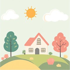 Fototapeta premium Charming House on Hilltop Sunny Day Scene