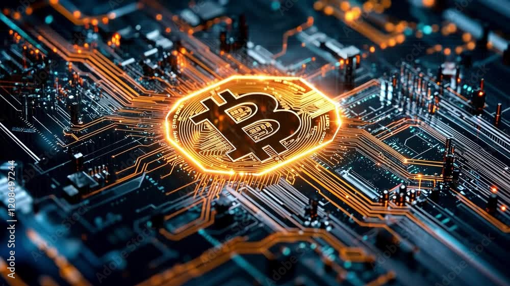Aufkleber visual representation of bitcoin on a digital circuit board with glowing connections