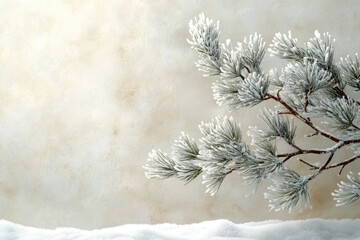 Snow-covered pine branch rests on a snowy surface against a beige background.