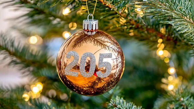 Ornament with number 205 hangs from a Christmas tree surrounded by warm lights during the holiday season
