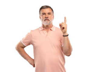Portrait of an excited bearded mature man pointing finger up at copyspace isolated over transparent background