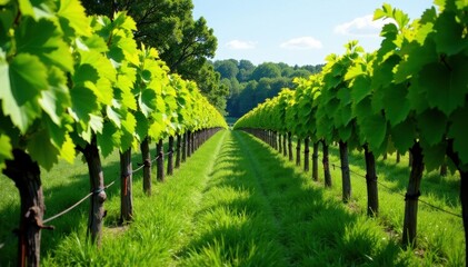 Naklejka premium Row of grapevines in the midst of a lush green meadow, trees, foliage