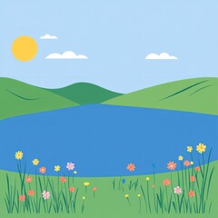 Sunny Day Lakeside Scene with Blooming Flowers