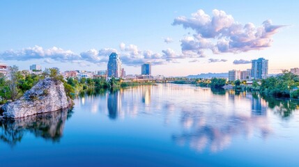 Cityscape sunset reflection, river, buildings, tranquil. Use Travel brochure