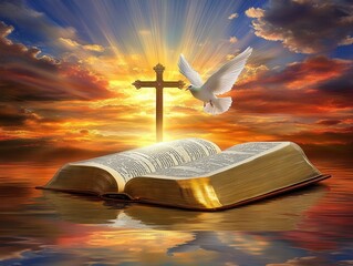 Open bible, cross and dove reflecting on water at sunset, religion, hope and faith