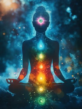 Woman meditating with seven chakras aligned and third eye open