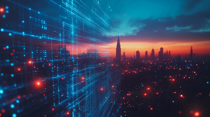 Fototapeta premium Smart digital Innovation city with connection network reciprocity over the cityscape. of future smart wireless digital city and social media networking systems that connects people with in city