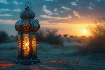 Obraz premium Ornate Lantern Illuminates Desert Sunset Landscape