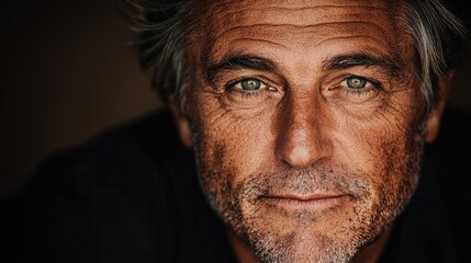 Mature man portrait, intense gaze, dark background, pensive expression; ideal for articles on aging