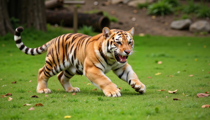 Obraz premium Playful baby tiger chasing its tail in grassy enclosure, zoo baby season