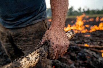 A worker demonstrates bravery and determination while managing fire on an agricultural landscape, emphasizing the connection between humans and nature during challenging tasks.