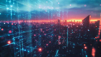 Obraz premium Smart digital Innovation city with connection network reciprocity over the cityscape. of future smart wireless digital city and social media networking systems that connects people with in city