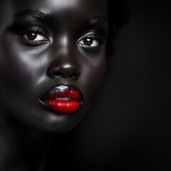 Fototapeta premium Close-up portrait of a woman with radiant dark skin and vibrant red lips, capturing elegance and timeless beauty. .