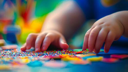 Obraz premium Small hands decorating a colorful Valentine's Day card with glitter and heart shapes. Concept of creativity, childhood arts and crafts, festive celebrations