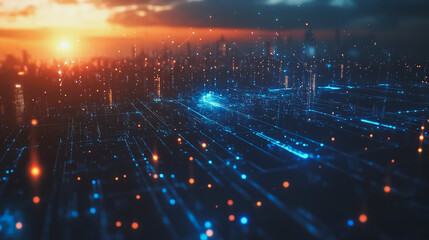 Fototapeta premium Smart digital Innovation city with connection network reciprocity over the cityscape. of future smart wireless digital city and social media networking systems that connects people with in city