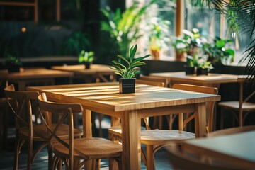 Cozy restaurant interior design with empty wooden chairs, tables and green plants decoration. Modern cafe interior filled with indoor plants, eco style 