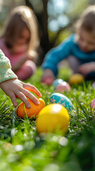 Children Rolling Colorful Easter Eggs on Lush Green Grass in a Sunny Park. Concept of Easter Traditions, Outdoor Fun, Childhood Playtime.. Vertical