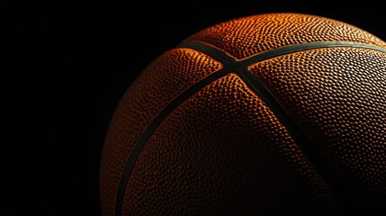 Close-up of a basketball against a dark background, showcasing the texture and details of the ball's surface.  The lighting highlights the ball's orange hue and the black lines of its seams.