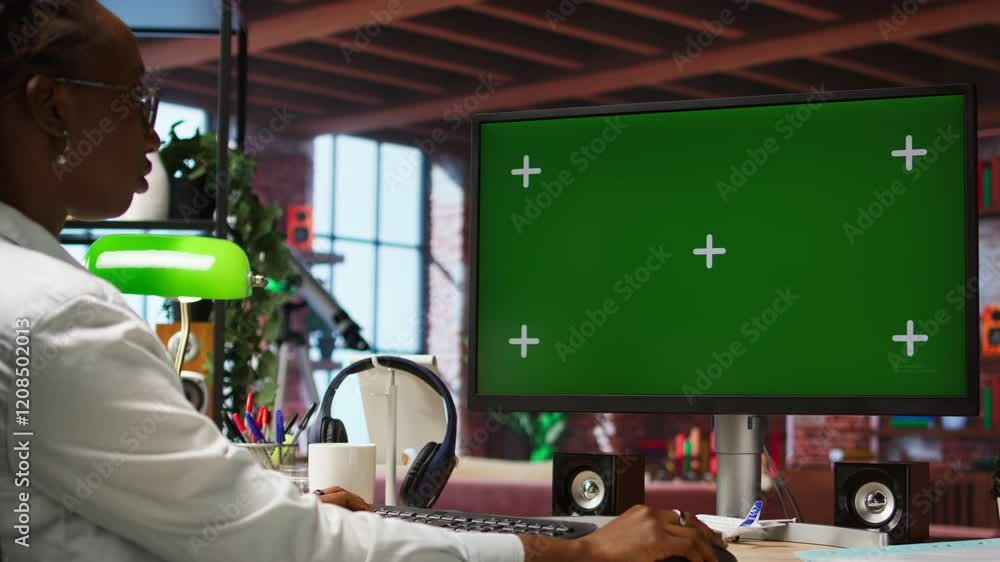 Poster remote employee using isolated screen pc in home office to write emails, close up. teleworker typing
