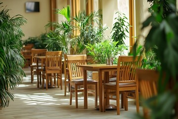 Fototapeta premium Cozy restaurant interior design with empty wooden chairs, tables and green plants decoration. Modern cafe interior filled with indoor plants, eco style 