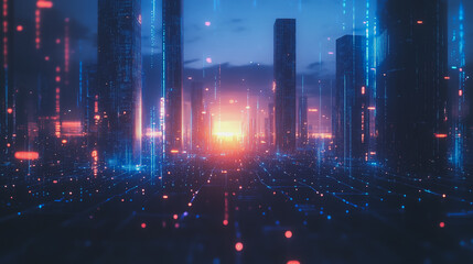 Obraz premium Smart digital Innovation city with connection network reciprocity over the cityscape. of future smart wireless digital city and social media networking systems that connects people with in city