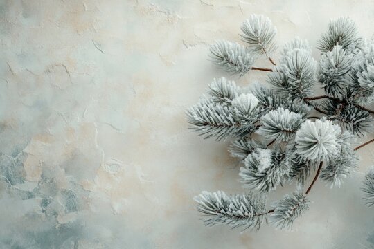 Snow-covered pine branches on a textured, light-colored background, winter scene. - Powered by Adobe