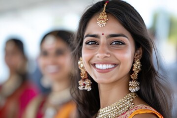 Obraz premium A smiling young woman adorned in traditional ethnic jewelry and attire, radiating happiness and cultural pride during a vibrant celebration or festival.